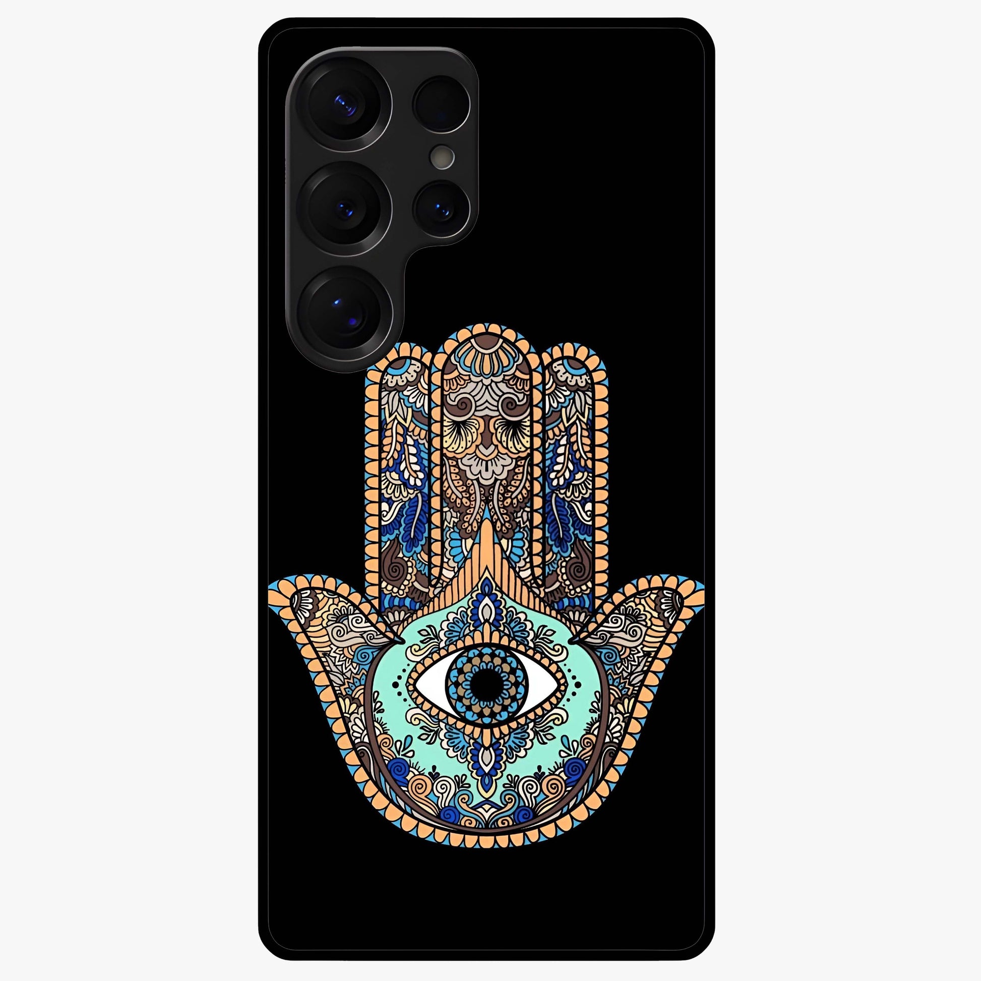 Mystic Hamsa Eye Glass Case showing flat back view with protective hamsa hand and evil eye artwork and glossy glass finish.