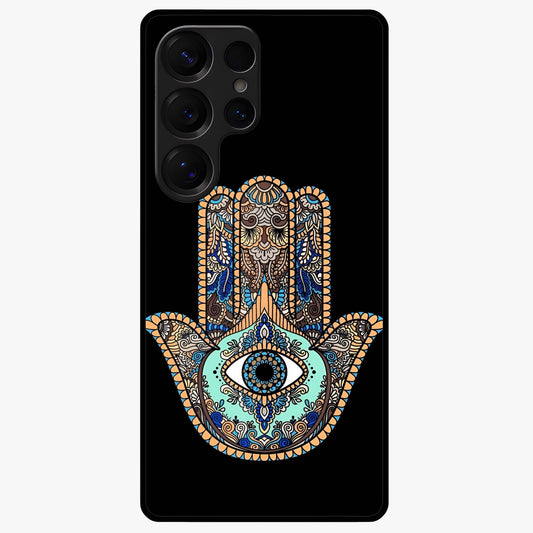 Mystic Hamsa Eye Glass Case showing flat back view with protective hamsa hand and evil eye artwork and glossy glass finish.