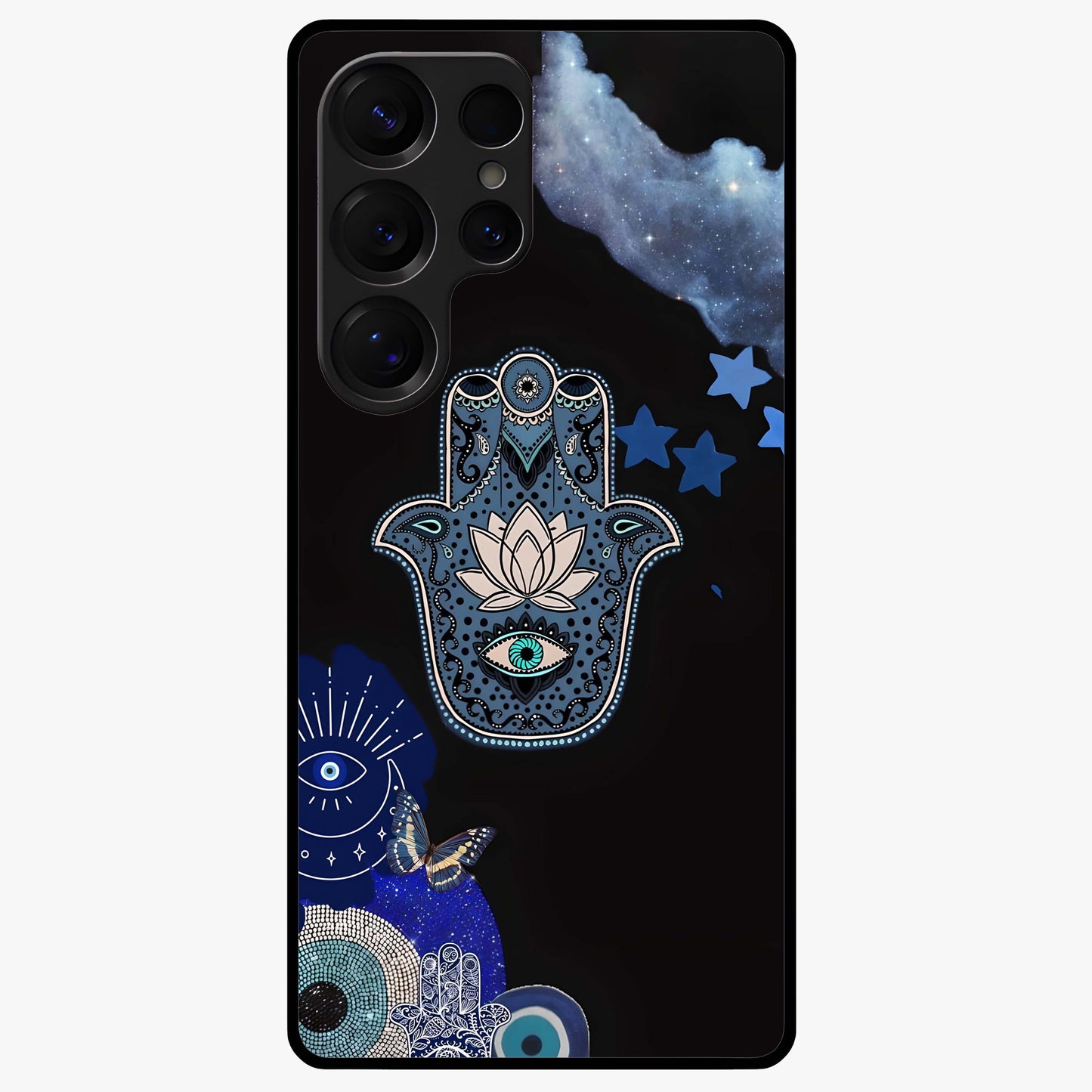 Mystic Hand Aura Glass Case showing flat back view with mystical hand symbol artwork and glossy glass finish.