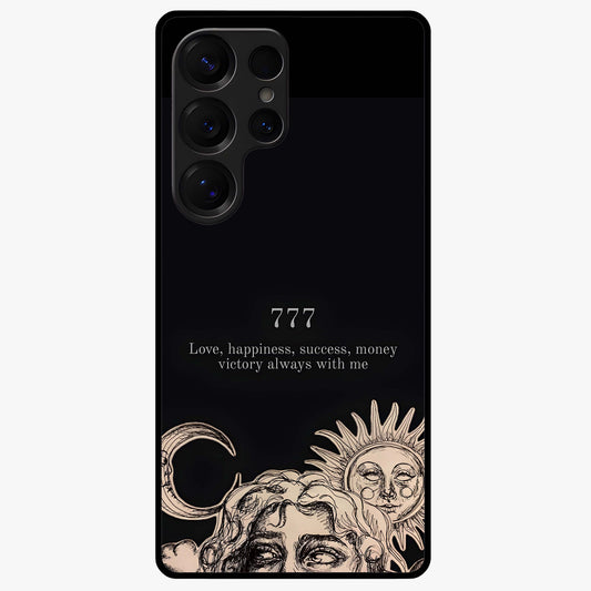 Mystic Victory Aura Glass Case showing flat back view with victory symbol artwork and glossy glass finish.