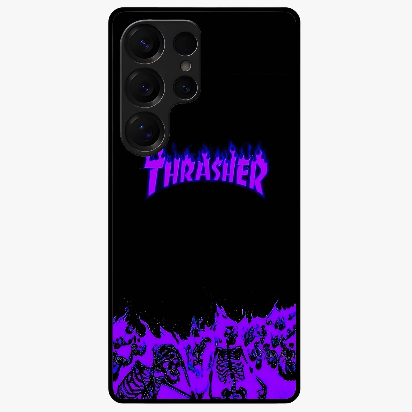 Neon Flame Riot Glass Case showing flat back view with neon flame artwork and glossy glass finish.