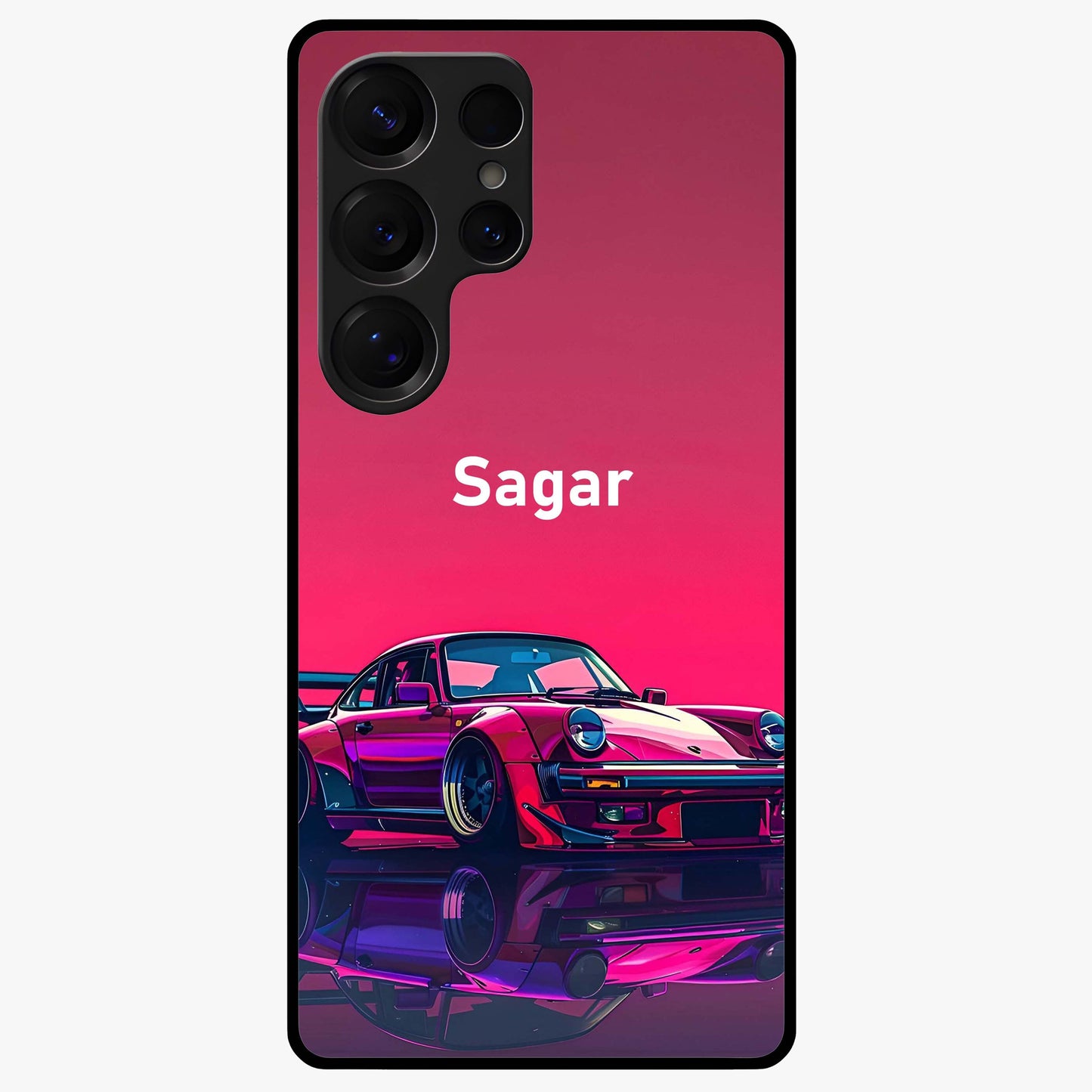 Neon Pink Porsche Glass Case showing flat back view with stylish sports car artwork and glossy glass finish.