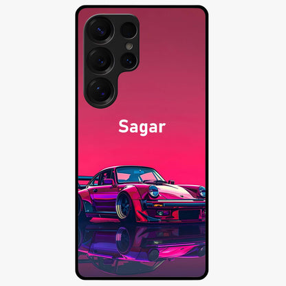 Neon Pink Porsche Glass Case showing flat back view with stylish sports car artwork and glossy glass finish.