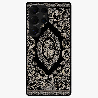 Noir Bloom Elegance Glass Case showing flat back view with elegant dark floral artwork and glossy glass finish.