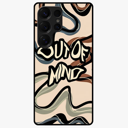 Out Of Mind Glass Case showing flat back view with expressive typography artwork and glossy glass finish.