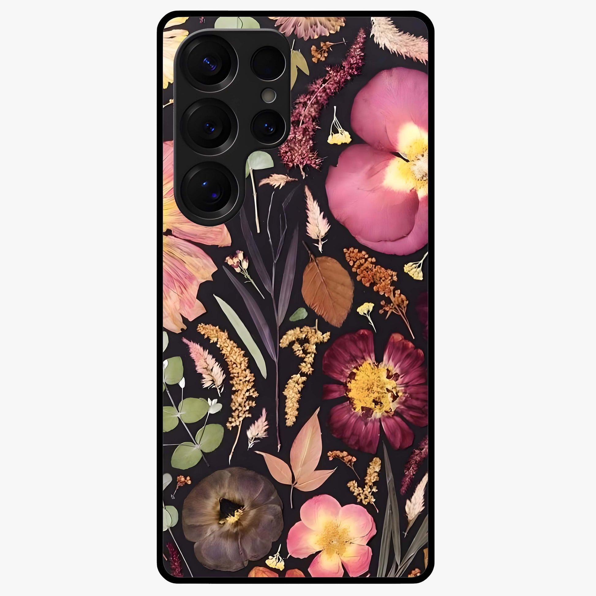 Petal Dream Tapestry Glass Case showing flat back view with intricate floral tapestry artwork and glossy glass finish.