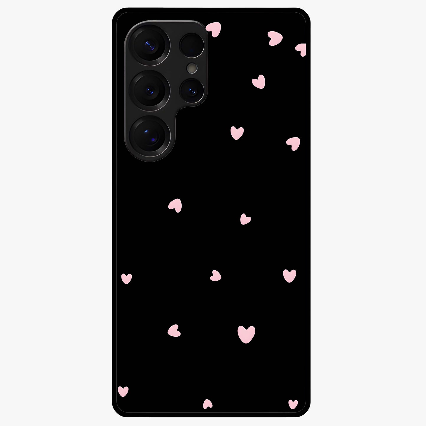 Pink Love Drops Glass Case showing flat back view with playful pink heart drops artwork and glossy glass finish.