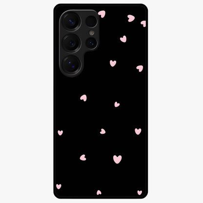 Pink Love Drops Glass Case showing flat back view with playful pink heart drops artwork and glossy glass finish.