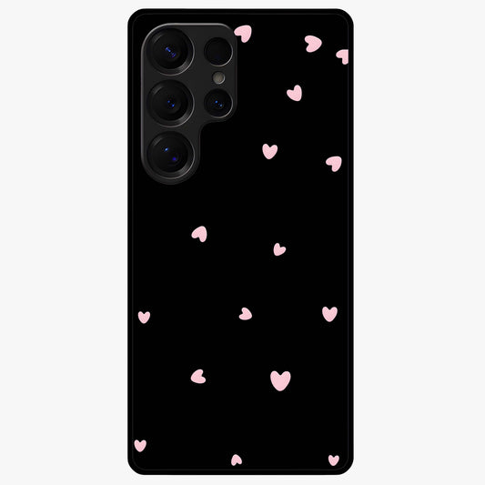Pink Love Drops Glass Case showing flat back view with playful pink heart drops artwork and glossy glass finish.