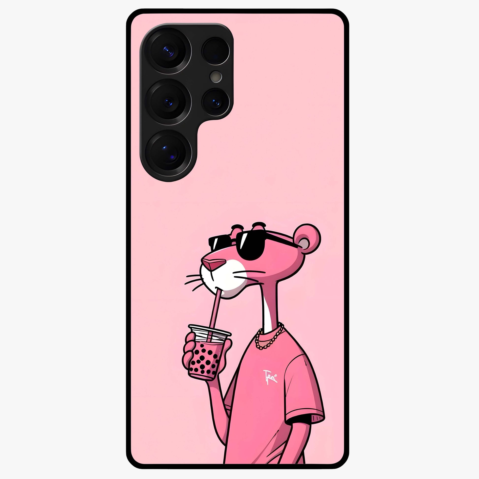 Pink Panther Glass Case showing flat back view with iconic pink panther artwork and glossy glass finish.