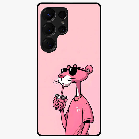 Pink Panther Glass Case showing flat back view with iconic pink panther artwork and glossy glass finish.