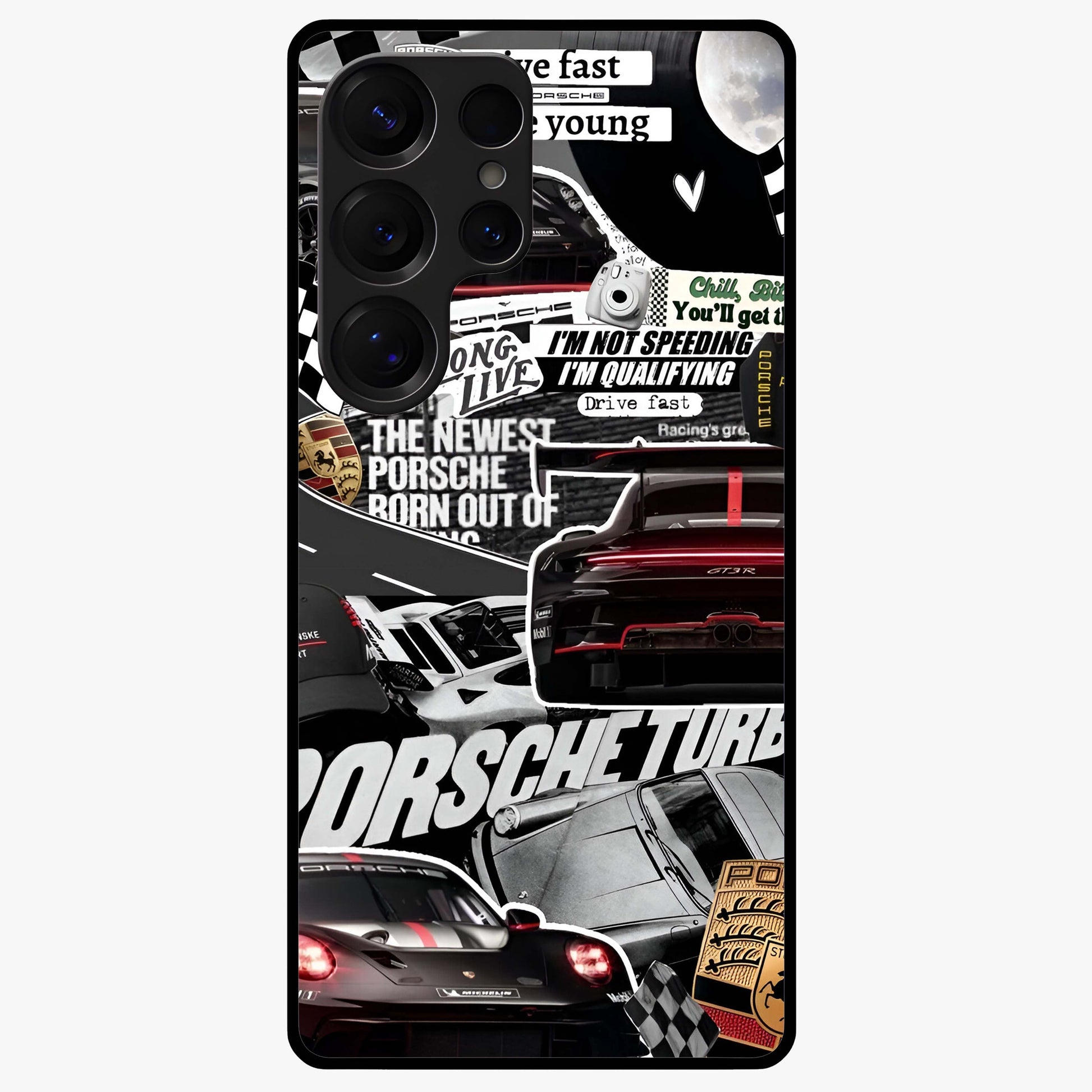 Porsche Racing Collage Glass Case showing flat back view with sports car racing collage artwork and glossy glass finish.