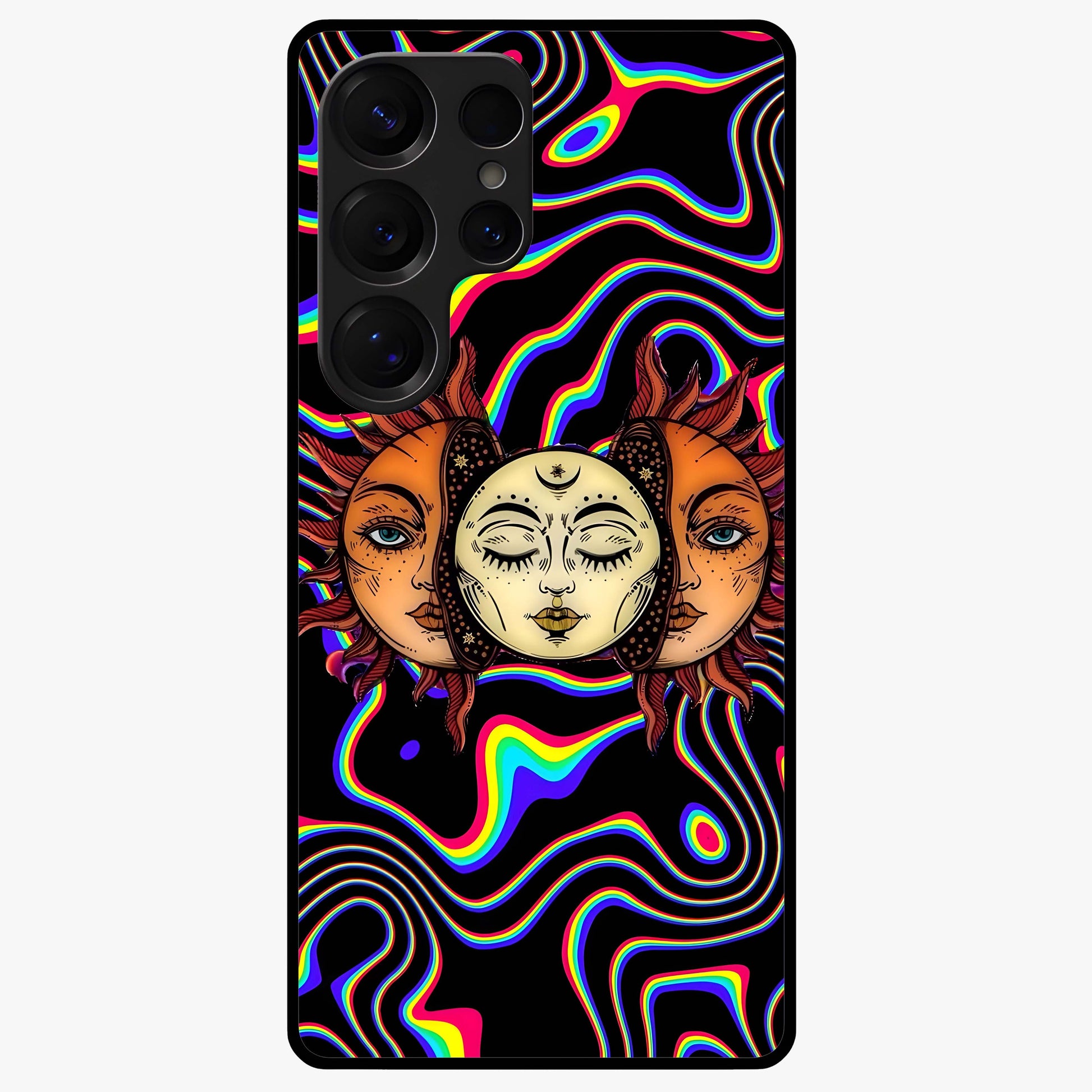 Psychedelic Sun Glass Case showing flat back view with colorful psychedelic sun artwork and glossy glass finish.