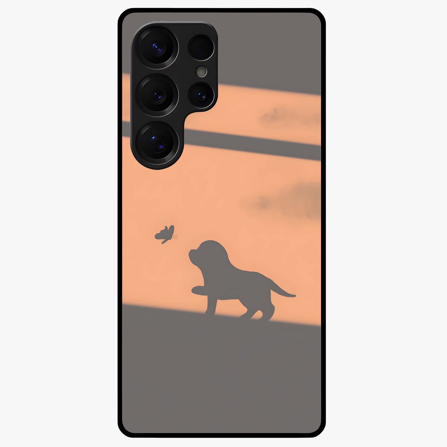 Puppy Shadow Art Glass Case showing flat back view with cute puppy shadow style artwork and glossy glass finish.