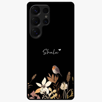 Quiet Garden Tune Custom Name Glass Case showing flat back view with peaceful garden artwork and personalized name design.