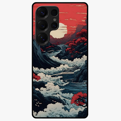 Red Sunset Scenery Glass Case showing flat back view with vibrant sunset landscape artwork and glossy glass finish.