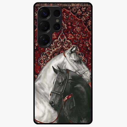 Regal Stallion Tapestry Glass Case showing flat back view with majestic horse tapestry artwork and glossy glass finish.