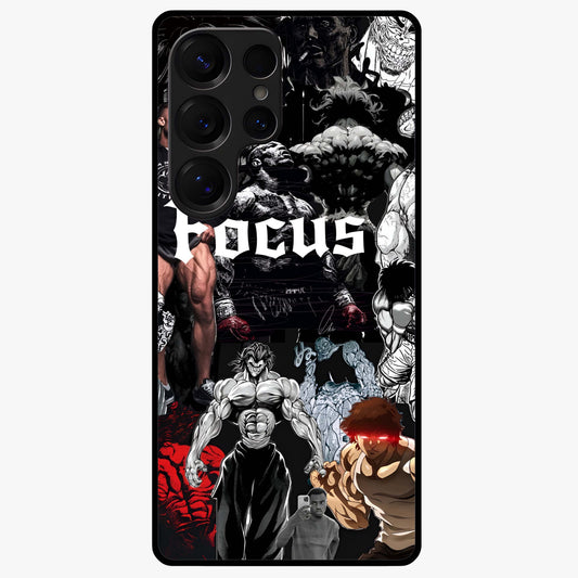 Relentless Power Focus Glass Case showing flat back view with motivational typography artwork and glossy glass finish.