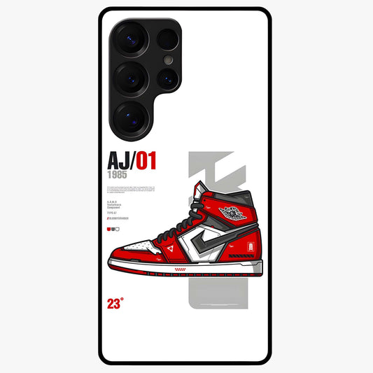 Retro Sneaker Blueprint Glass Case showing flat back view with sneaker blueprint style artwork and glossy glass finish.
