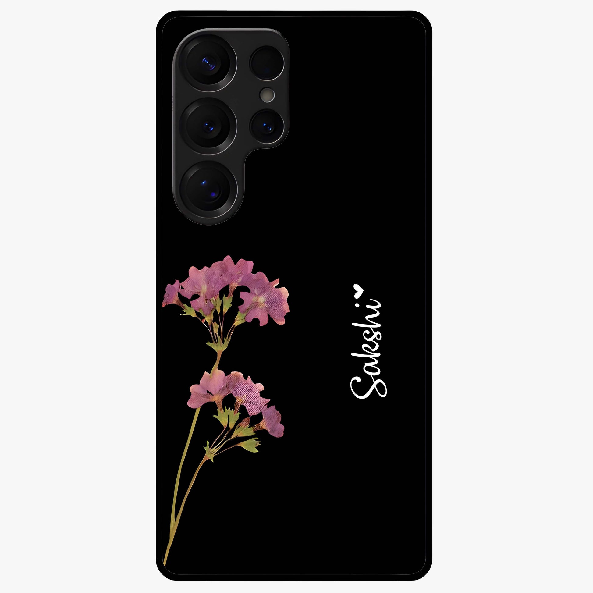 Riching Lavender Flower Custom Name Glass Case showing flat back view with lavender floral artwork and personalized name design.