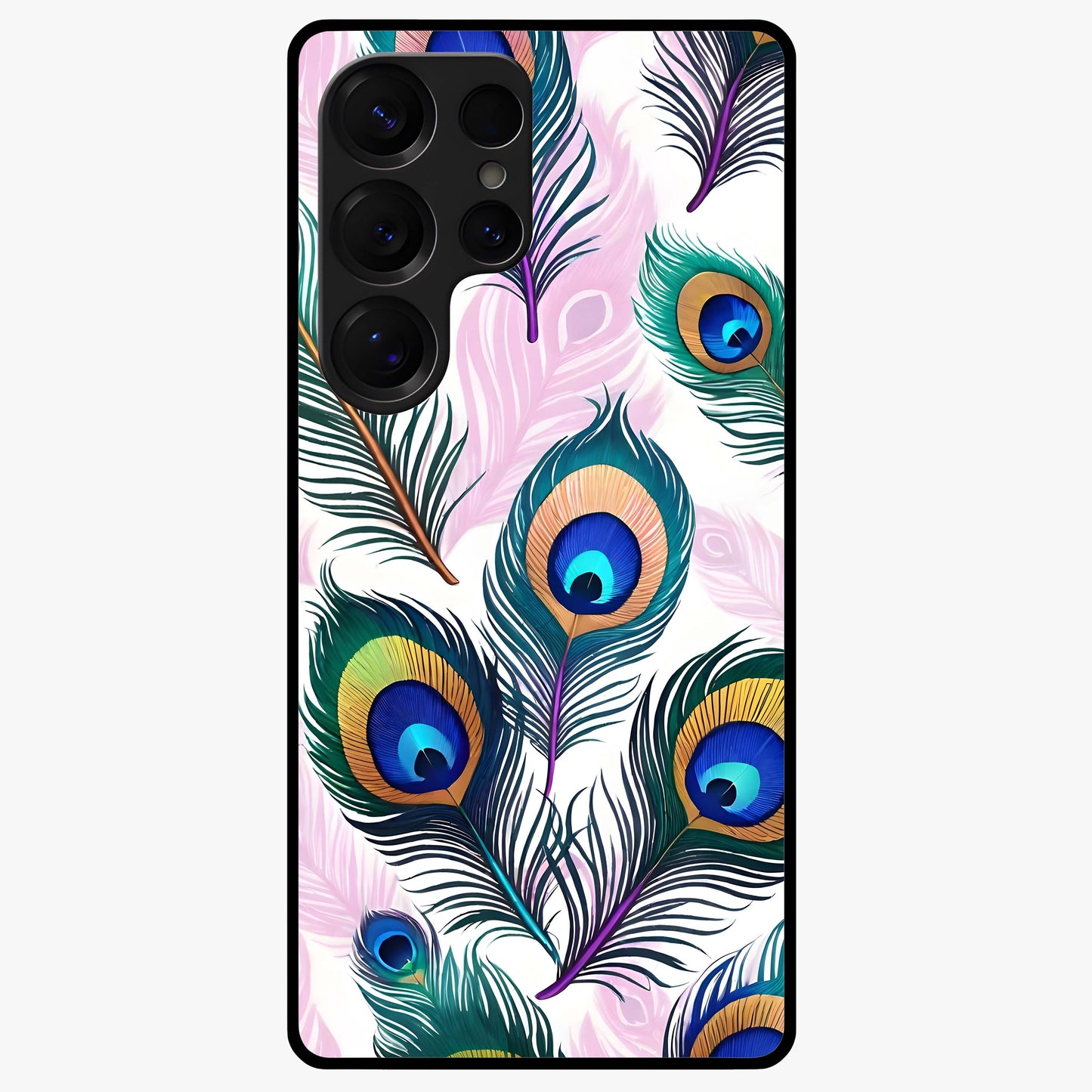 Royal Peacock Feathers Glass Case showing flat back view with colorful peacock feather artwork and glossy glass finish.