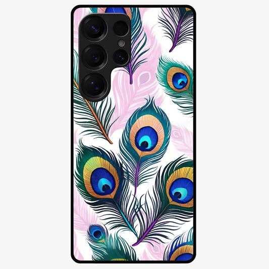 Royal Peacock Feathers Glass Case showing flat back view with colorful peacock feather artwork and glossy glass finish.