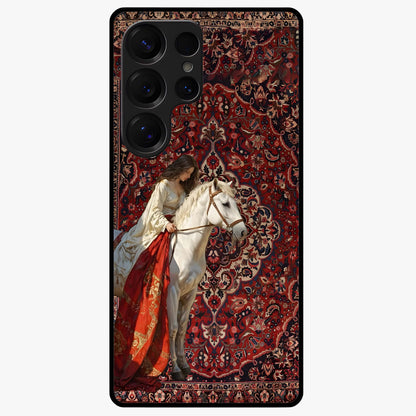 Royal Rider Tapestry Glass Case showing flat back view with majestic horse rider tapestry artwork and glossy glass finish.