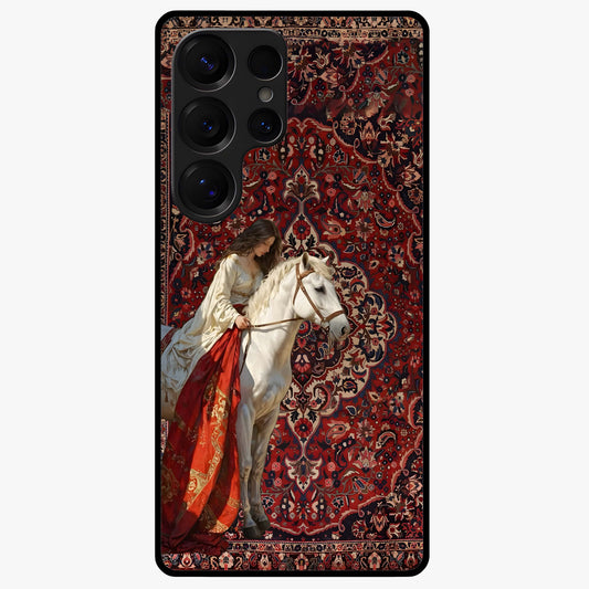 Royal Rider Tapestry Glass Case showing flat back view with majestic horse rider tapestry artwork and glossy glass finish.