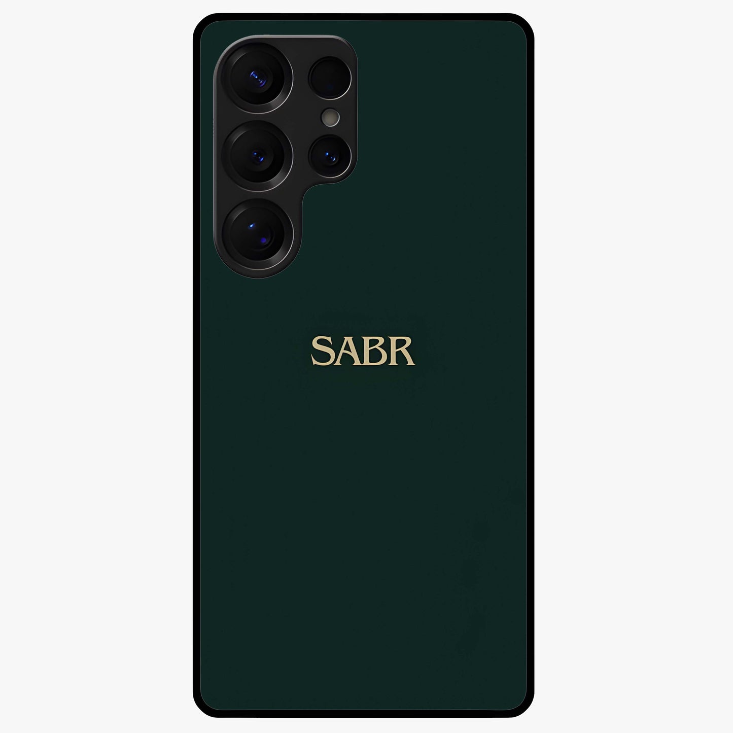 Sabr Minimal Patience Glass Case showing flat back view with minimalist typography artwork and glossy glass finish.
