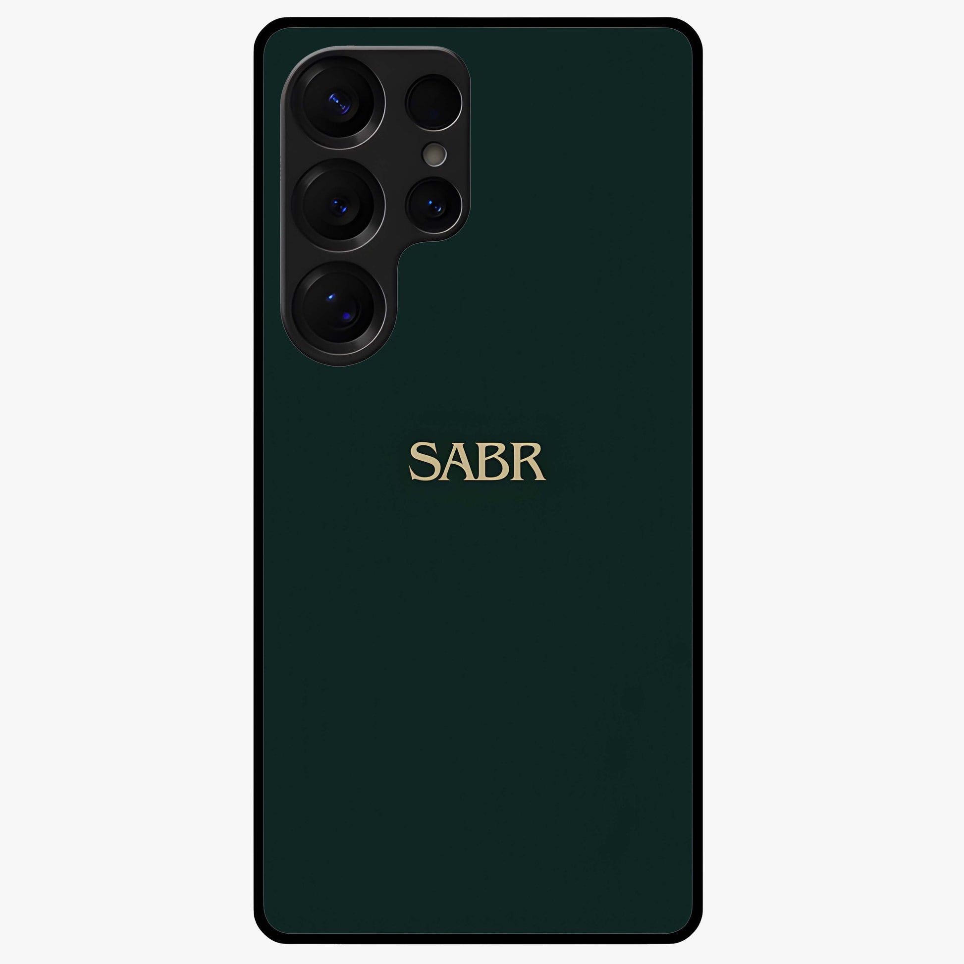 Sabr Minimal Patience Glass Case showing flat back view with minimalist typography artwork and glossy glass finish.