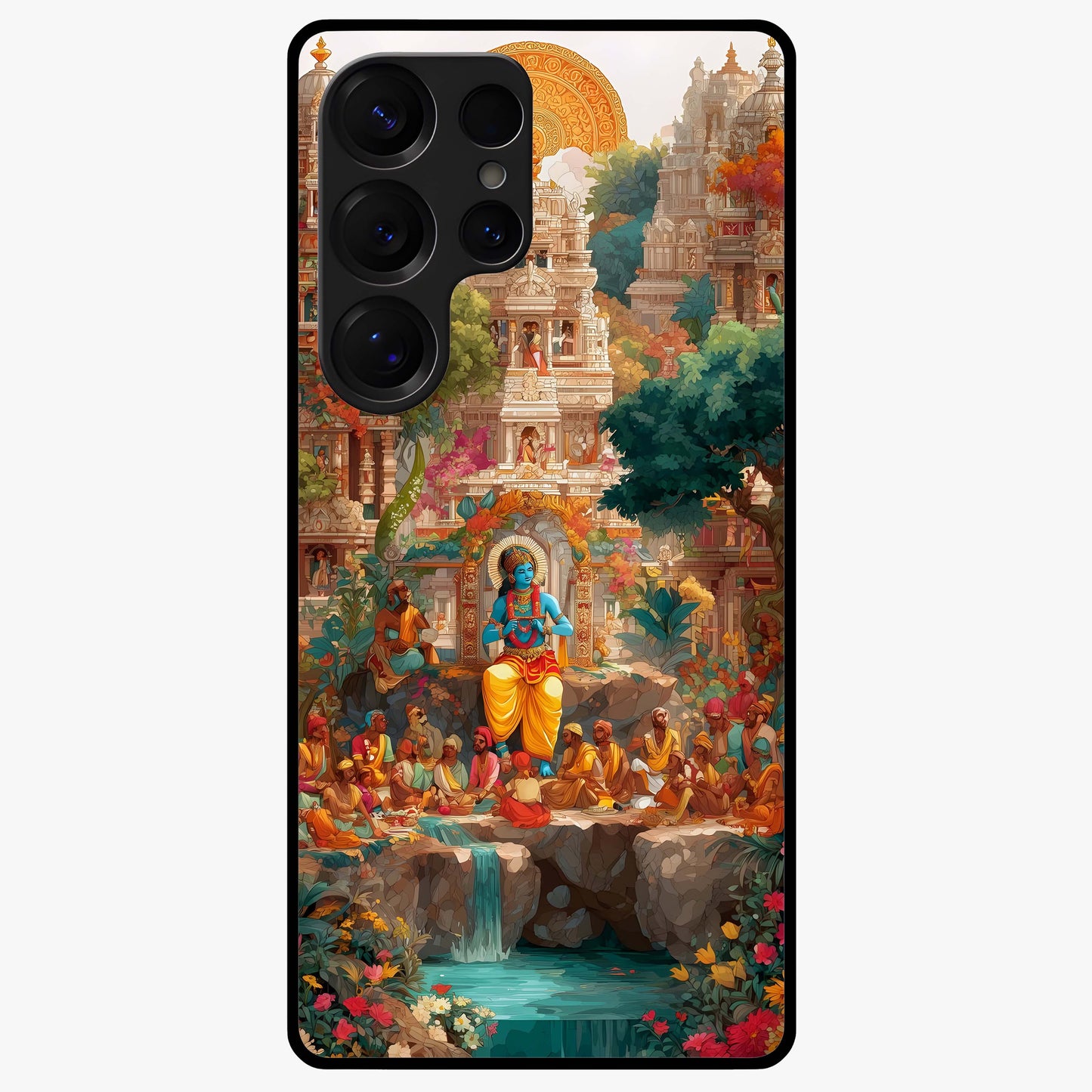 Sacred Sunlight Gods Glass Case showing flat back view with divine sunlight themed artwork and glossy glass finish.