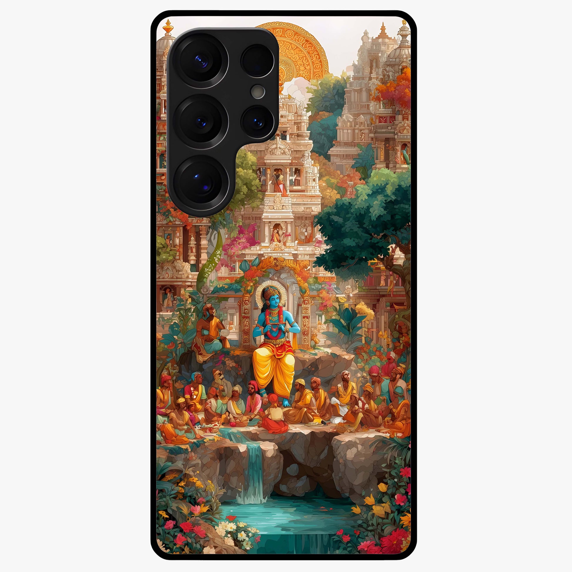 Sacred Sunlight Gods Glass Case showing flat back view with divine sunlight themed artwork and glossy glass finish.