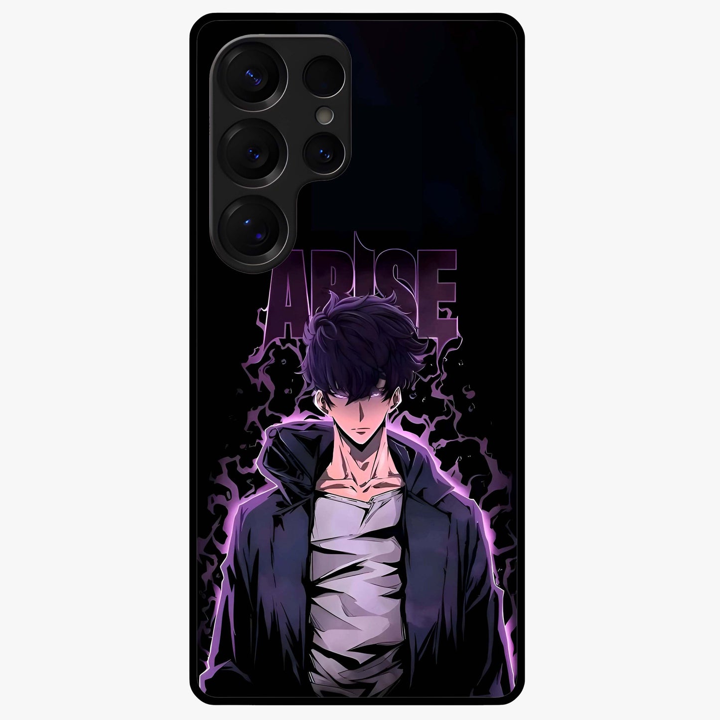 Shadow Monarch Awakening Glass Case showing flat back view with powerful dark monarch themed artwork and glossy glass finish.