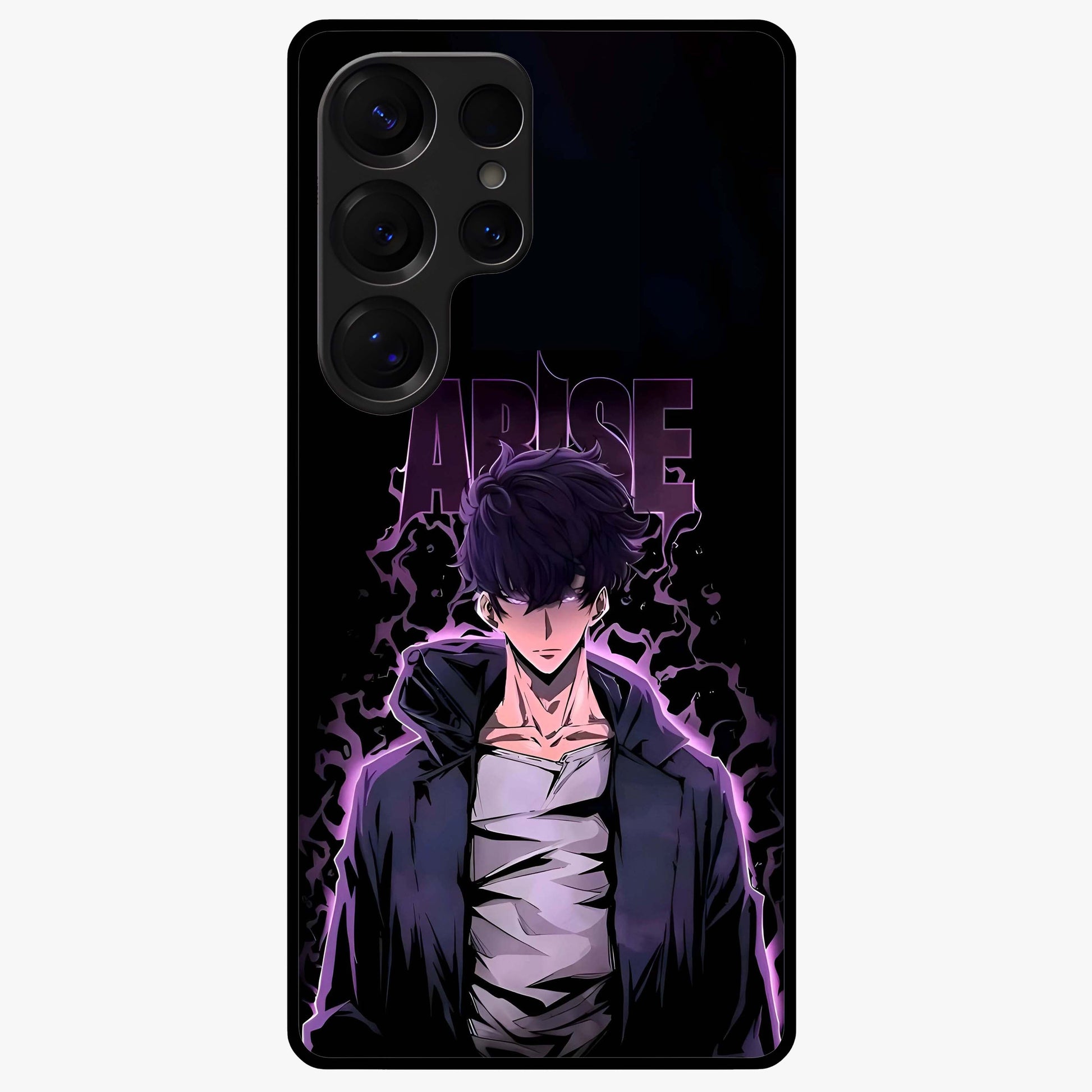 Shadow Monarch Awakening Glass Case showing flat back view with powerful dark monarch themed artwork and glossy glass finish.