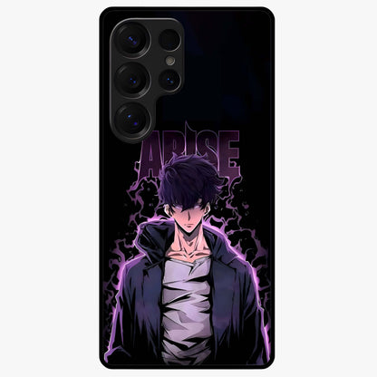 Shadow Monarch Awakening Glass Case showing flat back view with powerful dark monarch themed artwork and glossy glass finish.