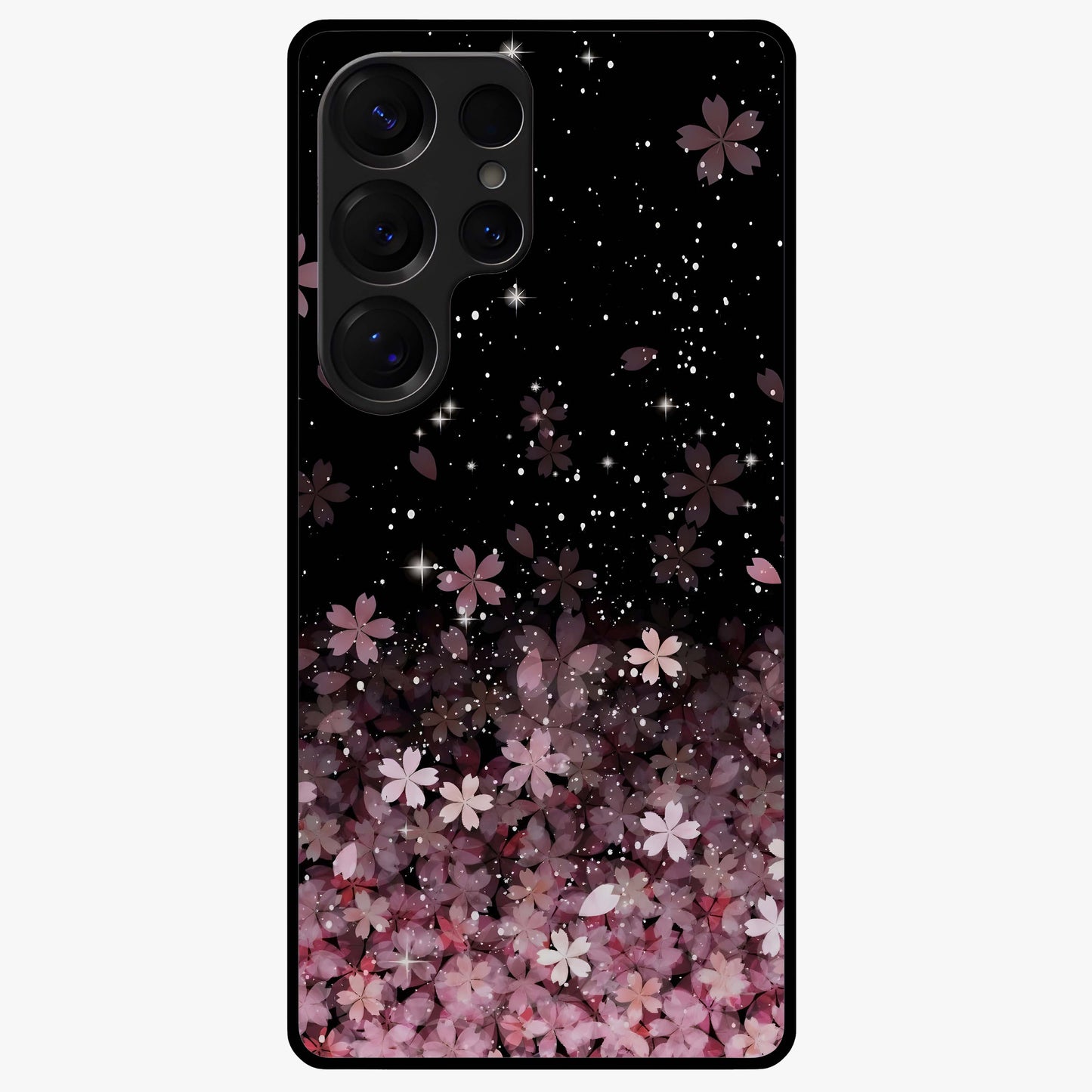 Small Starry Flowers Glass Case showing flat back view with delicate starry floral artwork and glossy glass finish.