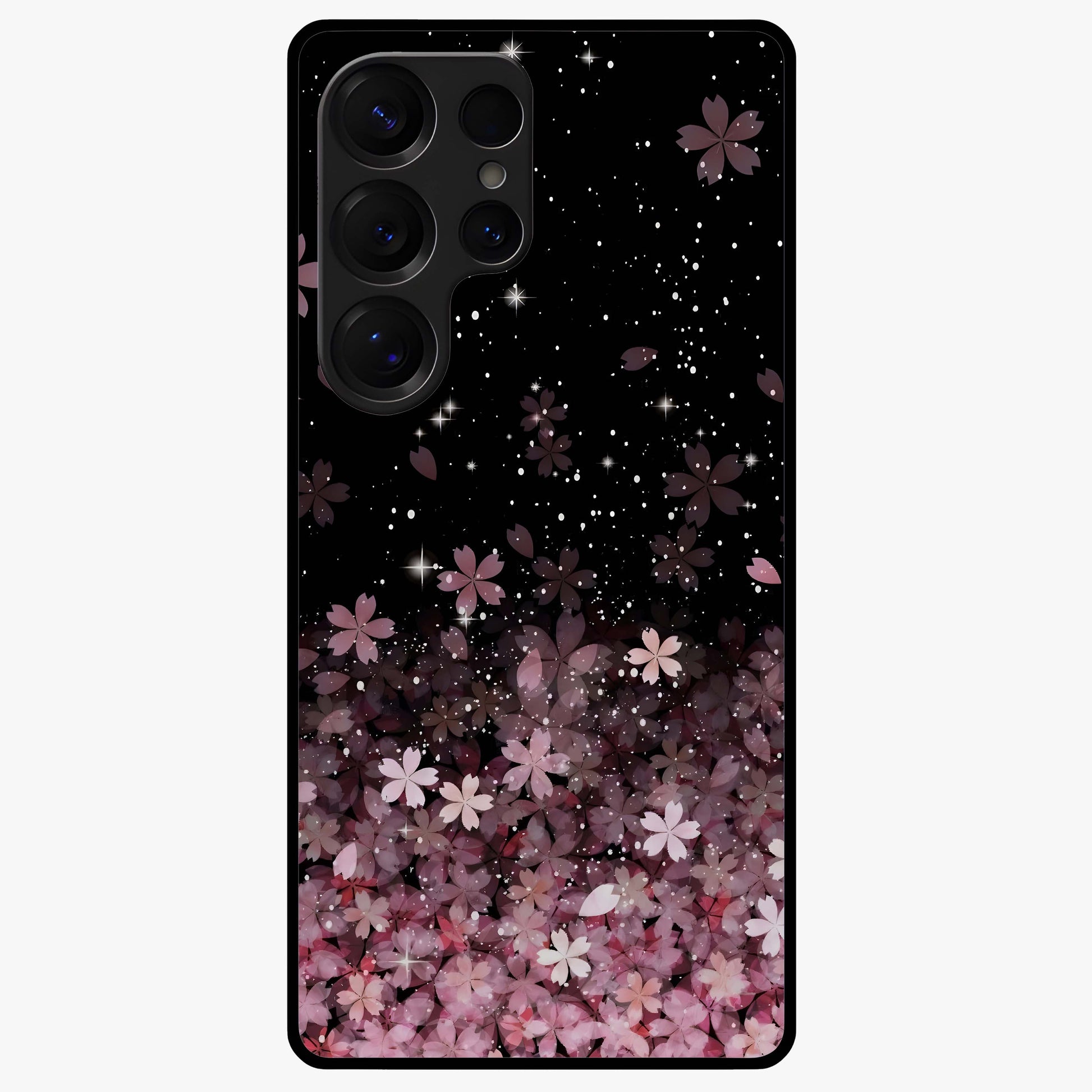 Small Starry Flowers Glass Case showing flat back view with delicate starry floral artwork and glossy glass finish.