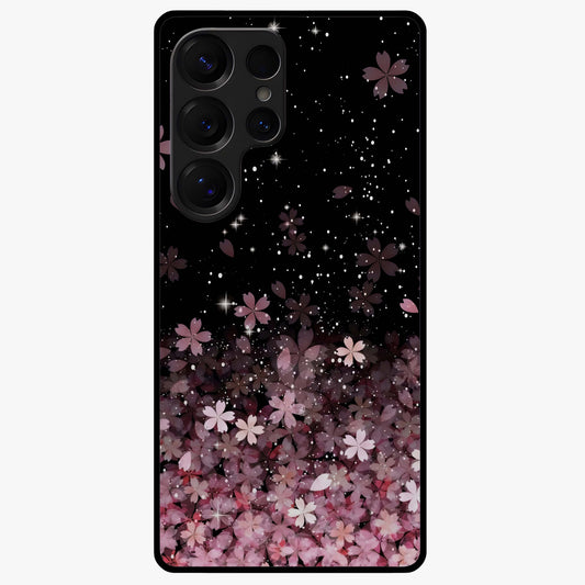 Small Starry Flowers Glass Case showing flat back view with delicate starry floral artwork and glossy glass finish.