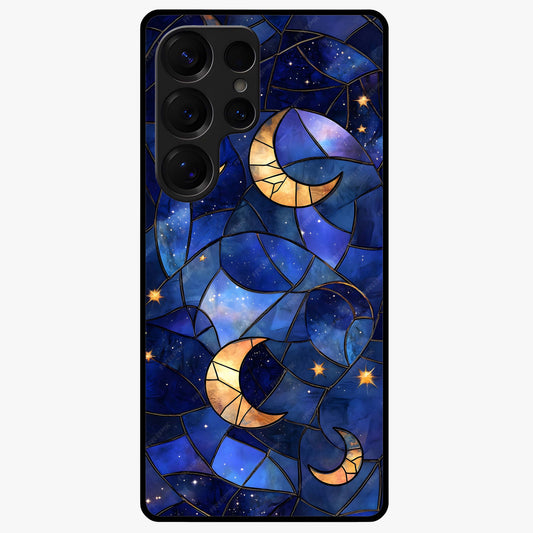 Starlit Sky Tapestry Glass Case showing flat back view with decorative starry sky tapestry artwork and glossy glass finish.