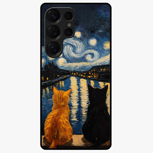Starry River Cats Glass Case showing flat back view with cats by a starry river artwork and glossy glass finish.