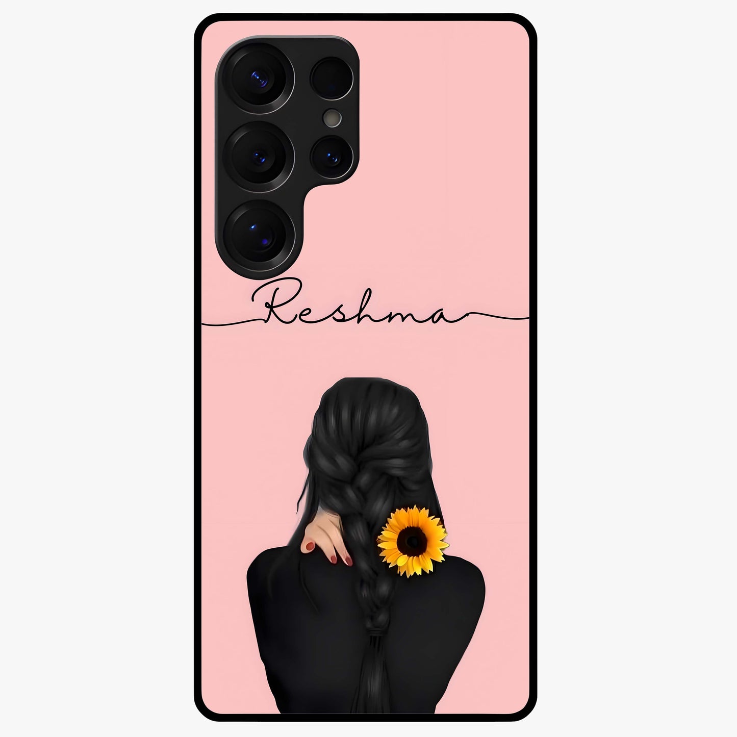 Sunflower Braid Beauty With Custom Name Glass Case showing flat back view with sunflower braid artwork and personalized name design.