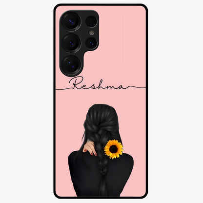 Sunflower Braid Beauty With Custom Name Glass Case showing flat back view with sunflower braid artwork and personalized name design.