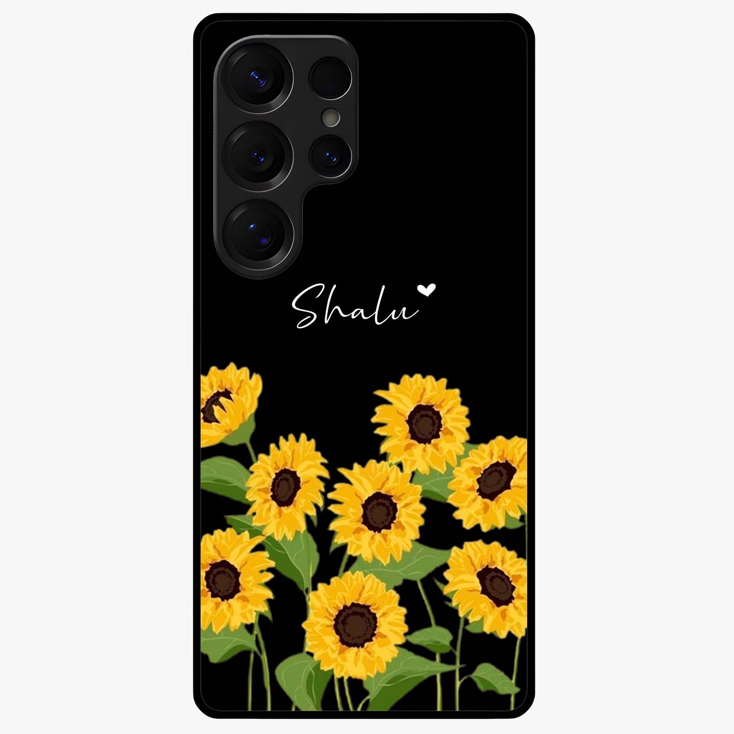 Sunflower Chic Mood Custom Name Glass Case showing flat back view with stylish sunflower artwork and personalized name design.