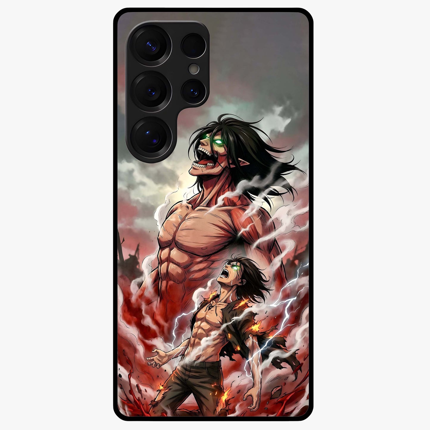 Titan Awakening Fury Glass Case showing flat back view with powerful titan inspired artwork and glossy glass finish.