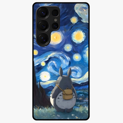 Totoro In Van Gogh Art Glass Case showing flat back view with whimsical character artwork inspired by Van Gogh style and glossy glass finish.