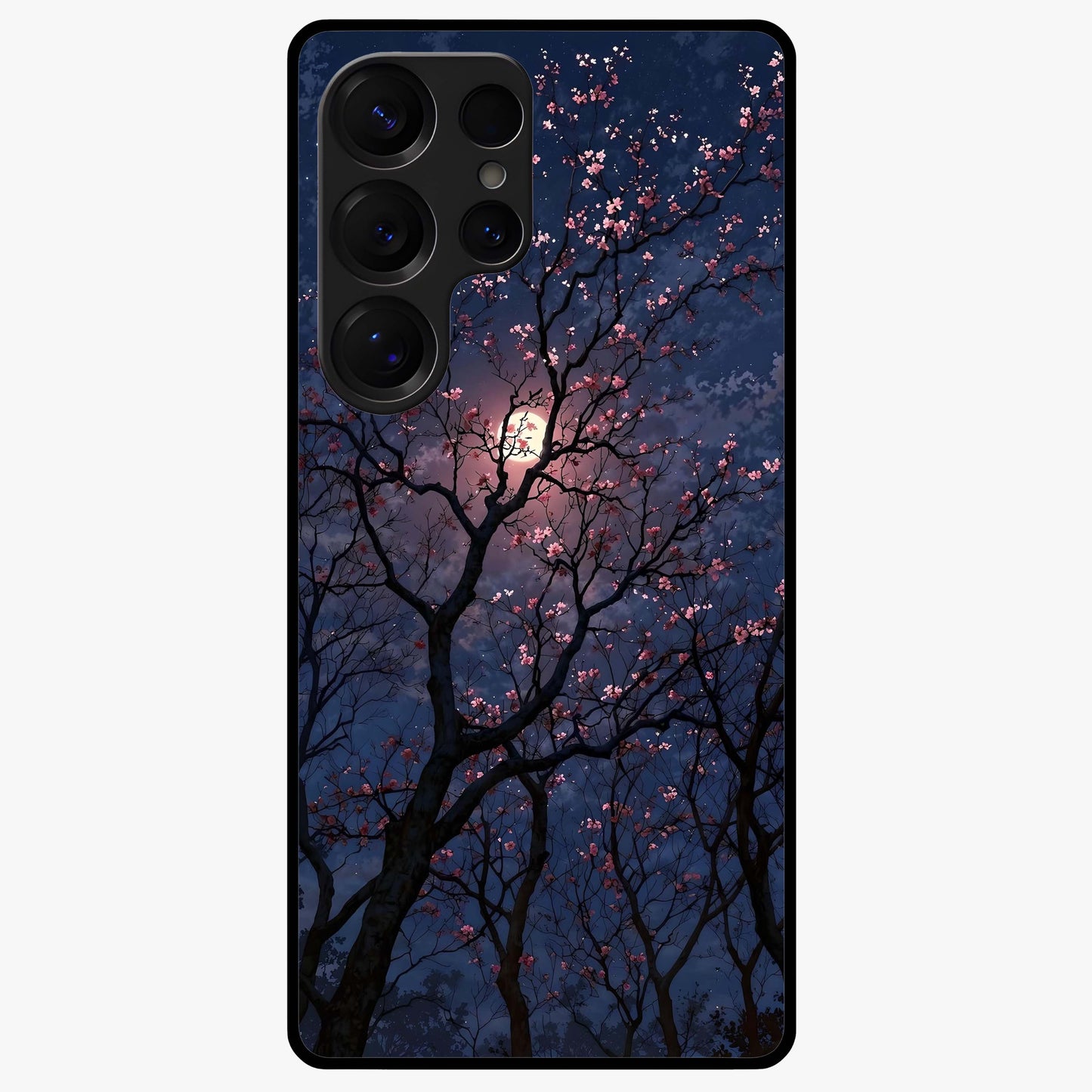 Twilight Sakura Serenade Glass Case showing flat back view with cherry blossom artwork at twilight and glossy glass finish.