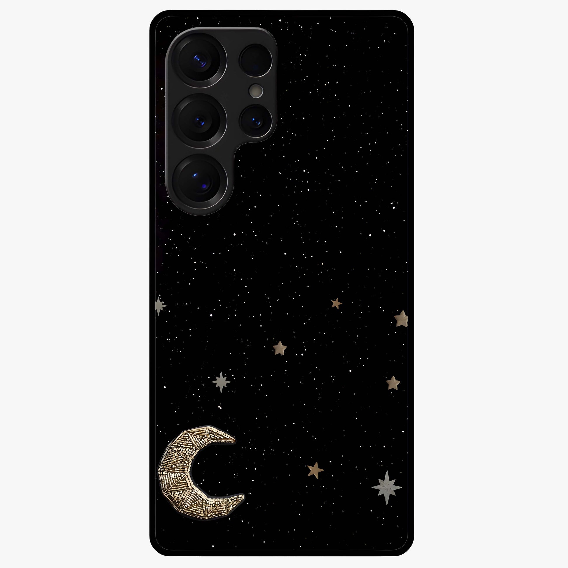 Twinkle Star With Half Moon Glass Case showing flat back view with star and half moon artwork and glossy glass finish.