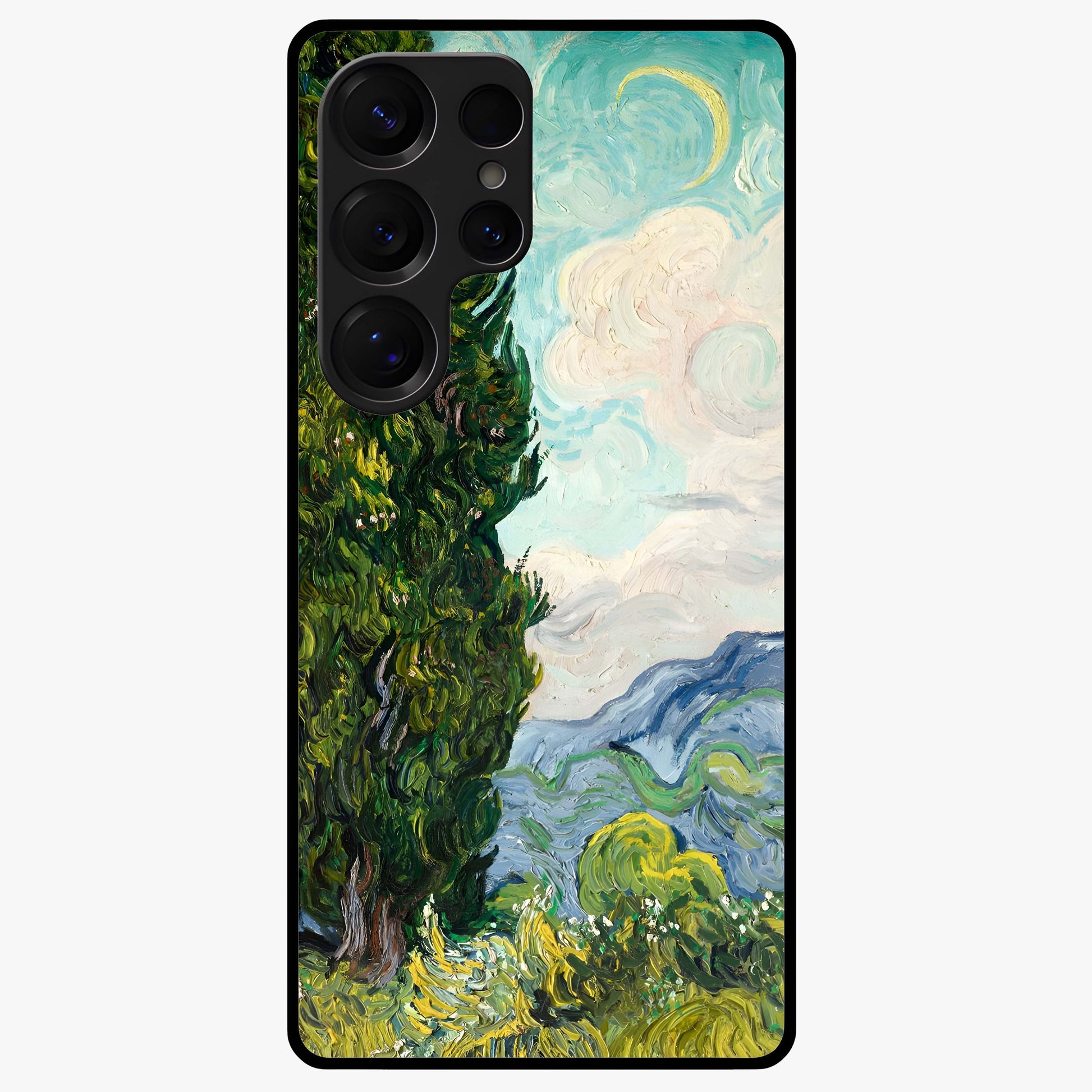 Van Gogh Vintage Art Glass Case showing flat back view with vintage painterly artwork inspired by Van Gogh style and glossy glass finish.