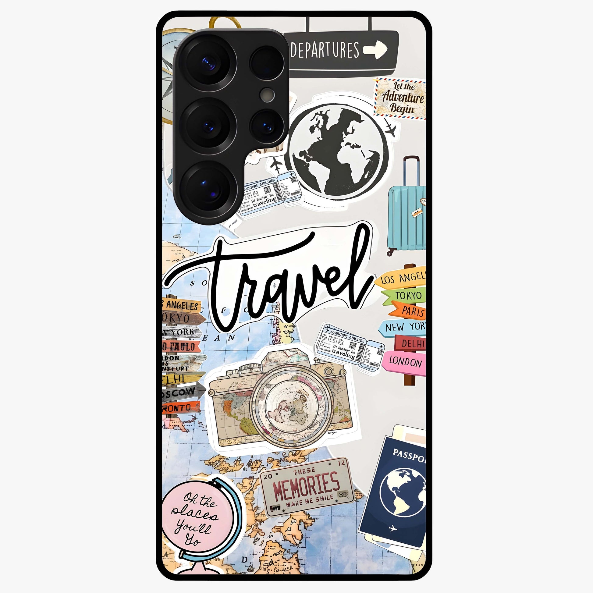 Wanderlust Journal Glass Case showing flat back view with travel inspired artwork and glossy glass finish.