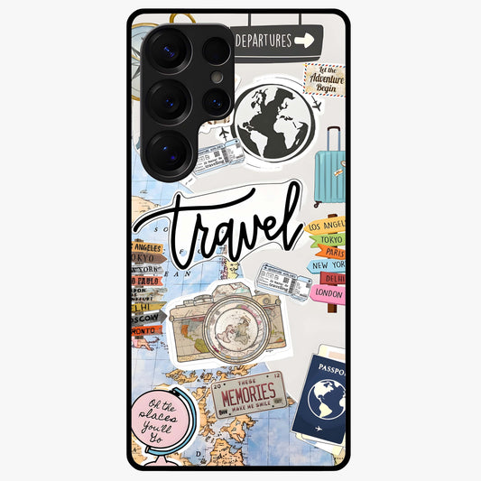 Wanderlust Journal Glass Case showing flat back view with travel inspired artwork and glossy glass finish.